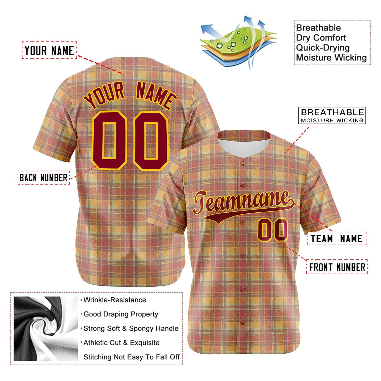 Custom Orange Yellow Personalized Plaid Design Authentic Baseball Jersey