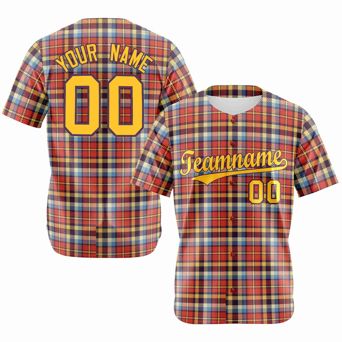 Custom Orange Yellow-Blue Personalized Plaid Design Authentic Baseball Jersey
