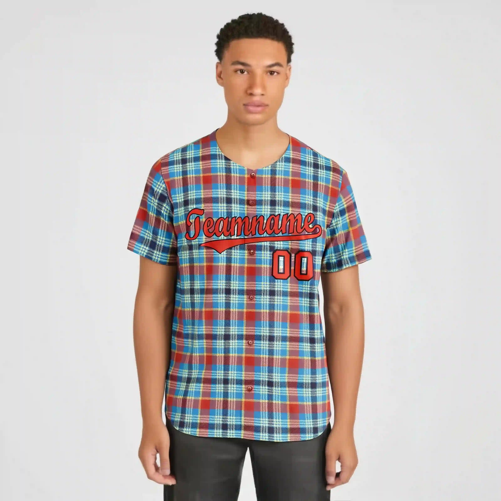 Custom Light Blue Orange Personalized Plaid Design Authentic Baseball Jersey
