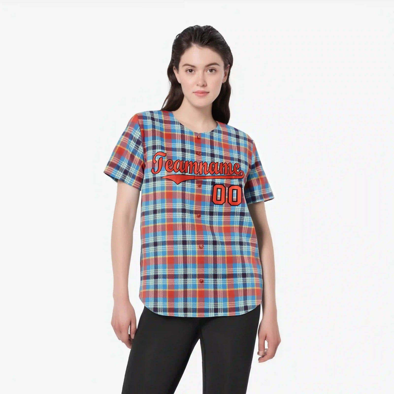 Custom Light Blue Orange Personalized Plaid Design Authentic Baseball Jersey