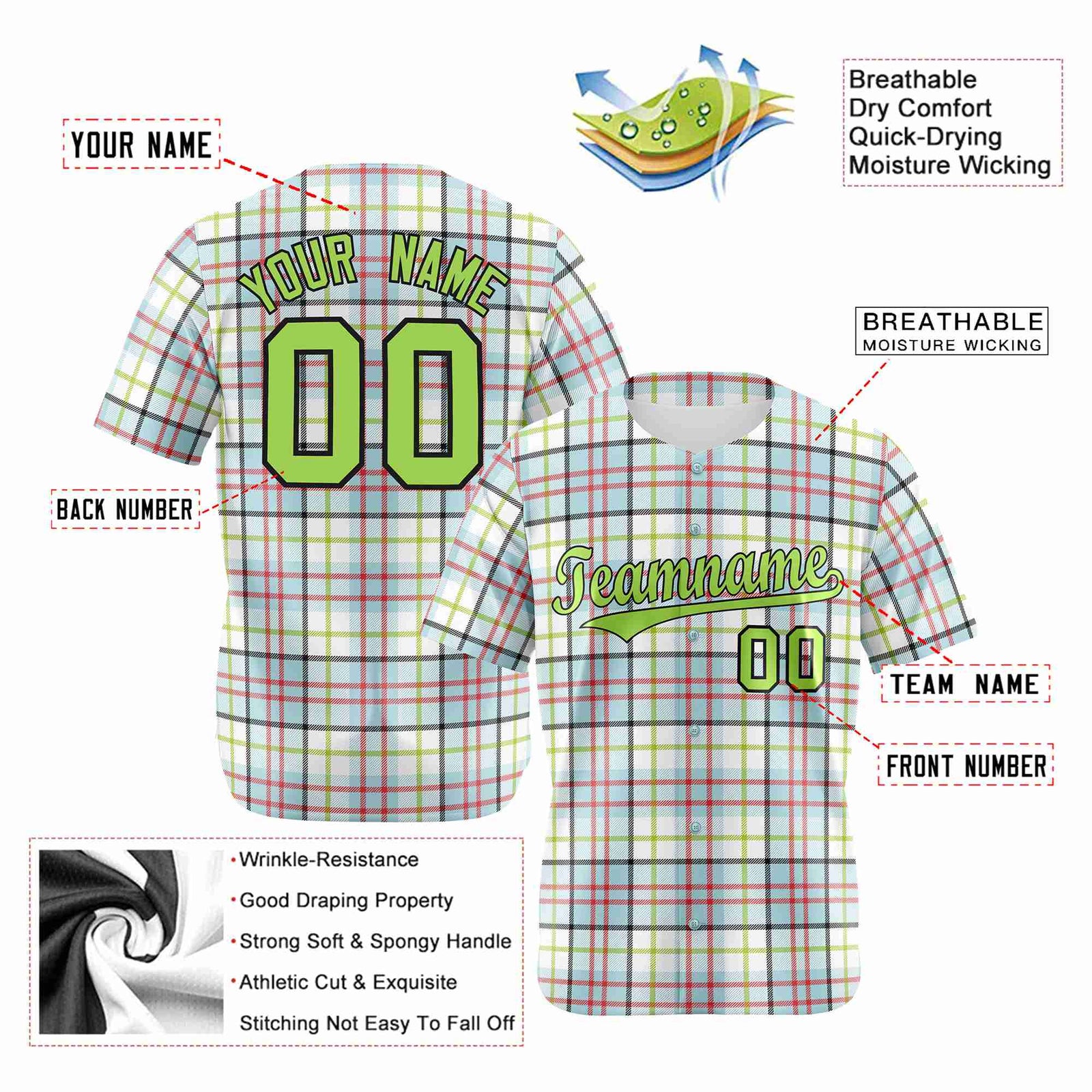 Custom White Neon Green-Red Personalized Plaid Design Authentic Baseball Jersey
