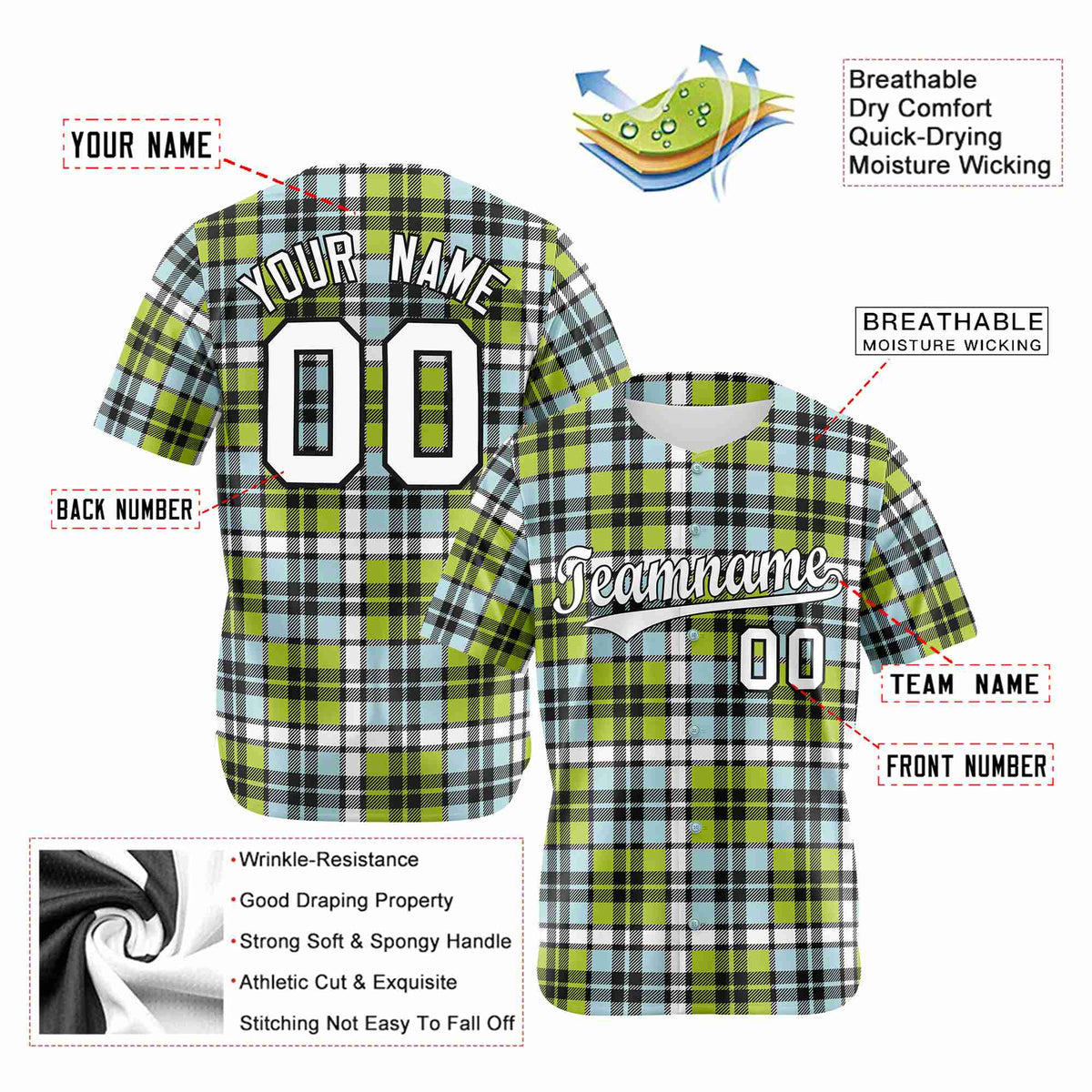 Custom Neon Green Light Blue Personalized Plaid Design Authentic Baseball Jersey