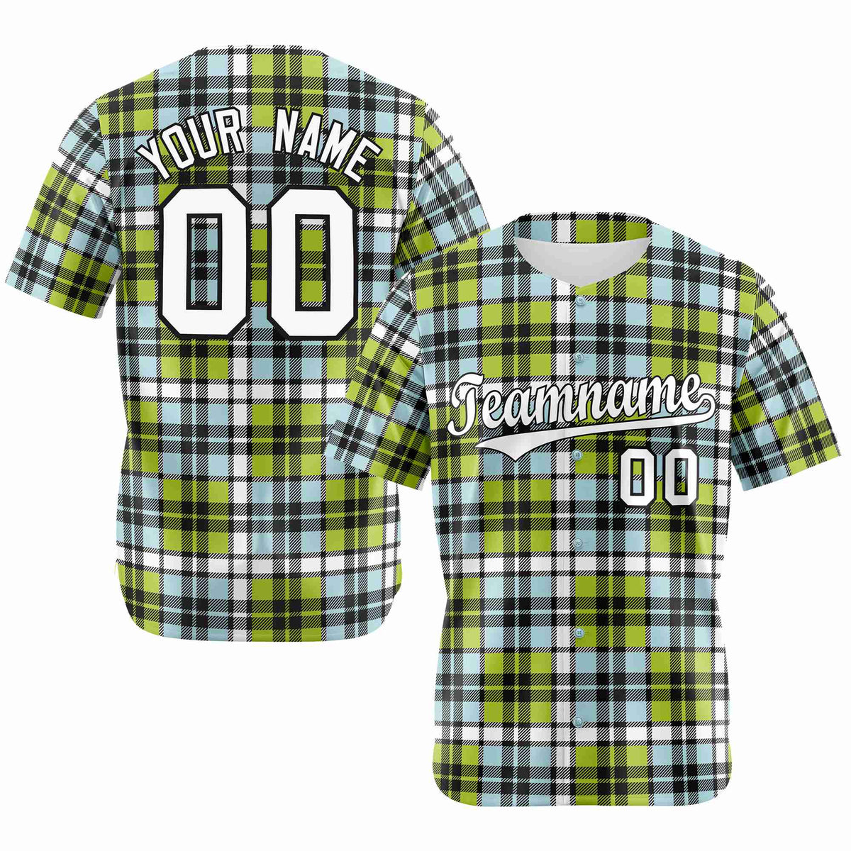 Custom Neon Green Light Blue Personalized Plaid Design Authentic Baseball Jersey