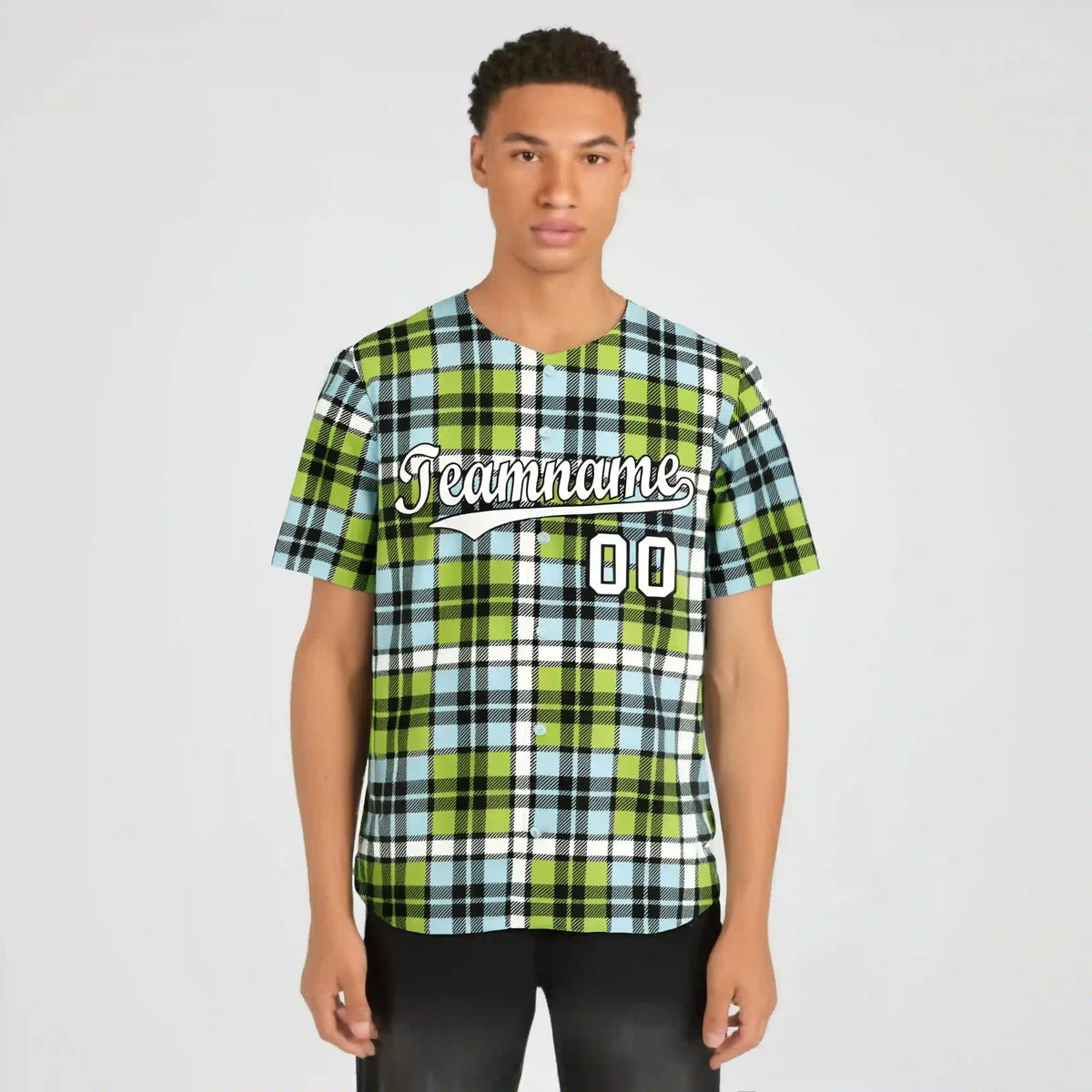 Custom Neon Green Light Blue Personalized Plaid Design Authentic Baseball Jersey