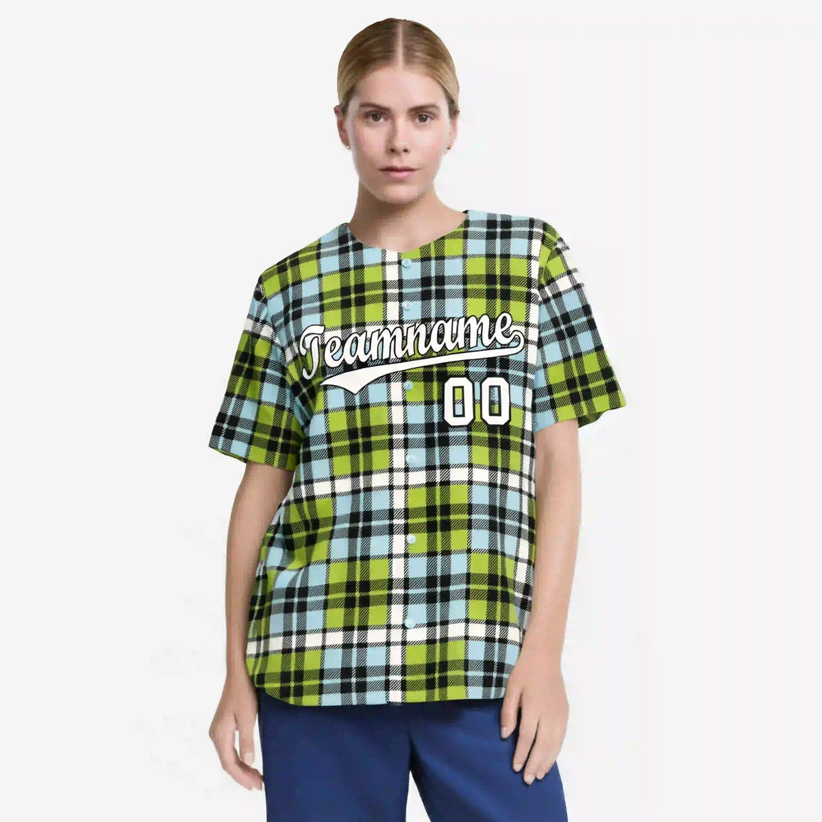 Custom Neon Green Light Blue Personalized Plaid Design Authentic Baseball Jersey