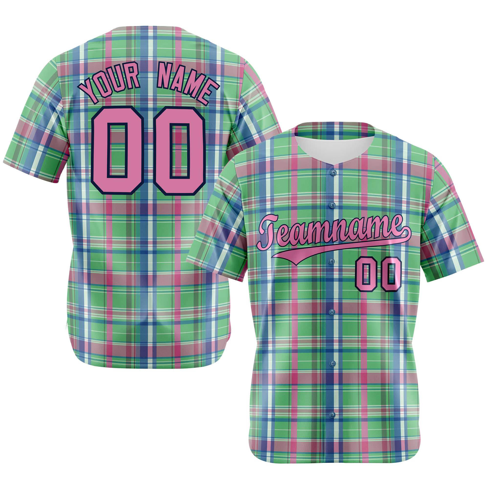 Custom Kelly Green Light Blue Personalized Plaid Design Authentic Baseball Jersey