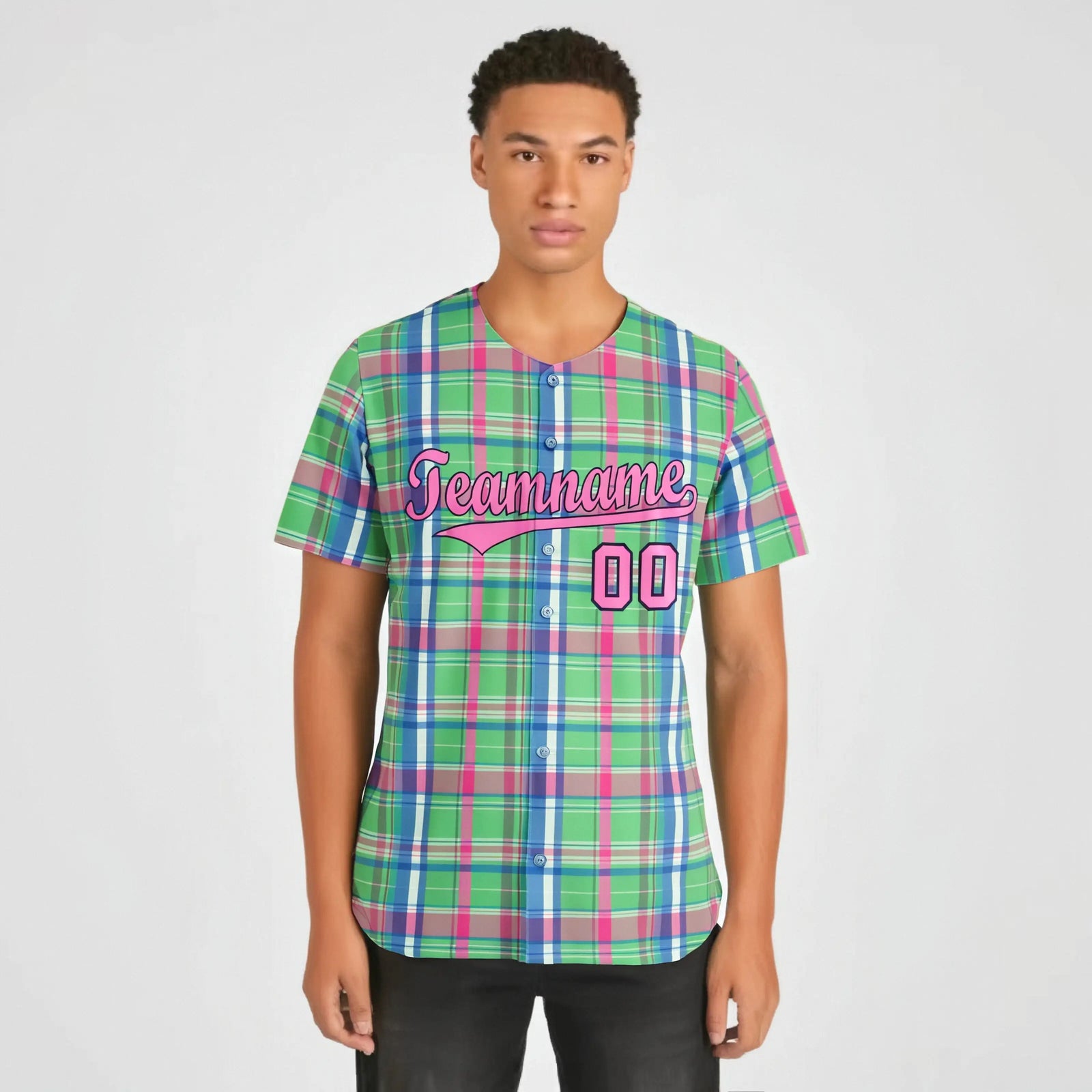 Custom Kelly Green Light Blue Personalized Plaid Design Authentic Baseball Jersey