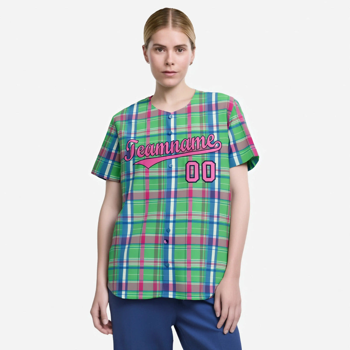 Custom Kelly Green Light Blue Personalized Plaid Design Authentic Baseball Jersey