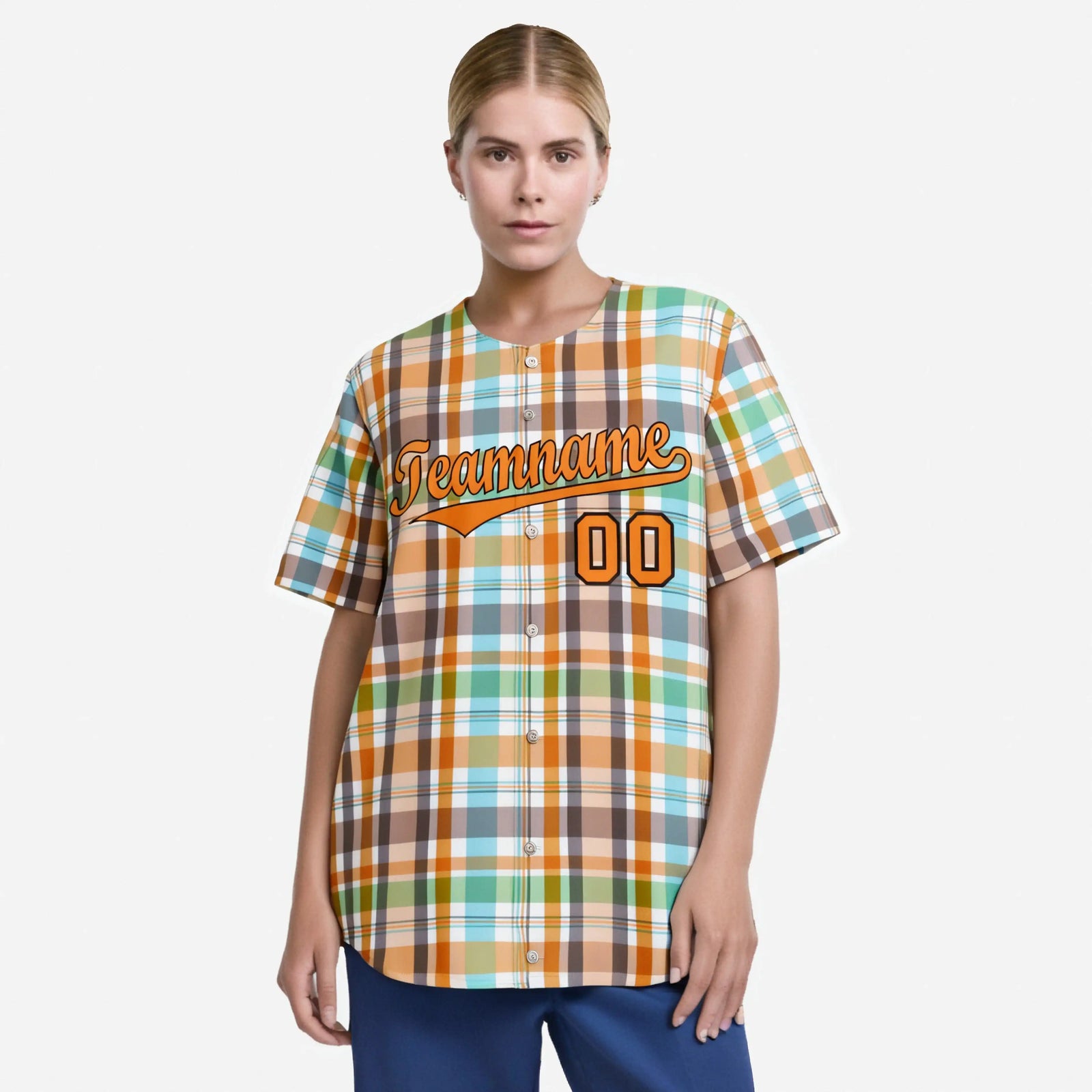 Custom Orange Gray Blue Personalized Plaid Design Authentic Baseball Jersey