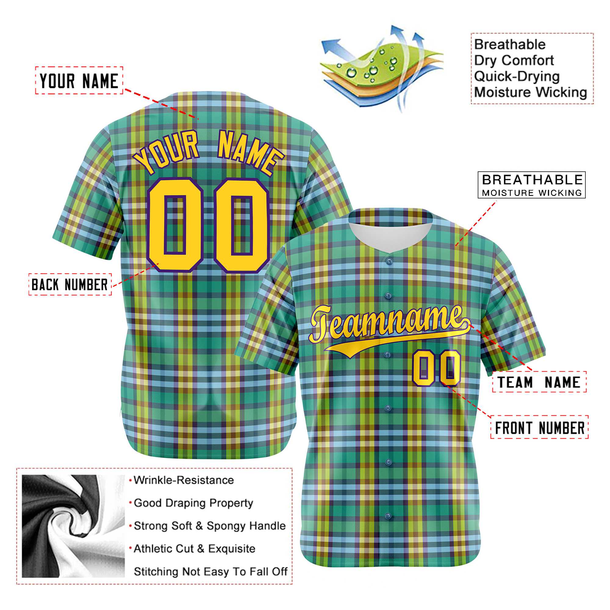 Custom Green Yellow Personalized Plaid Design Authentic Baseball Jersey