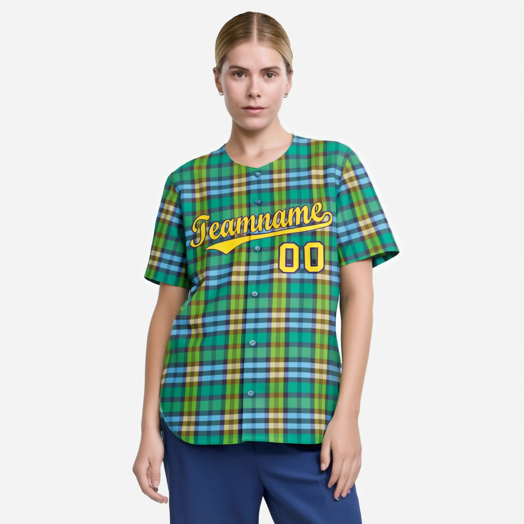 Custom Green Yellow Personalized Plaid Design Authentic Baseball Jersey