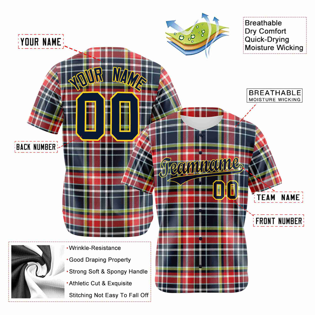 Custom Red Navy-Neon Green Personalized Plaid Design Authentic Baseball Jersey