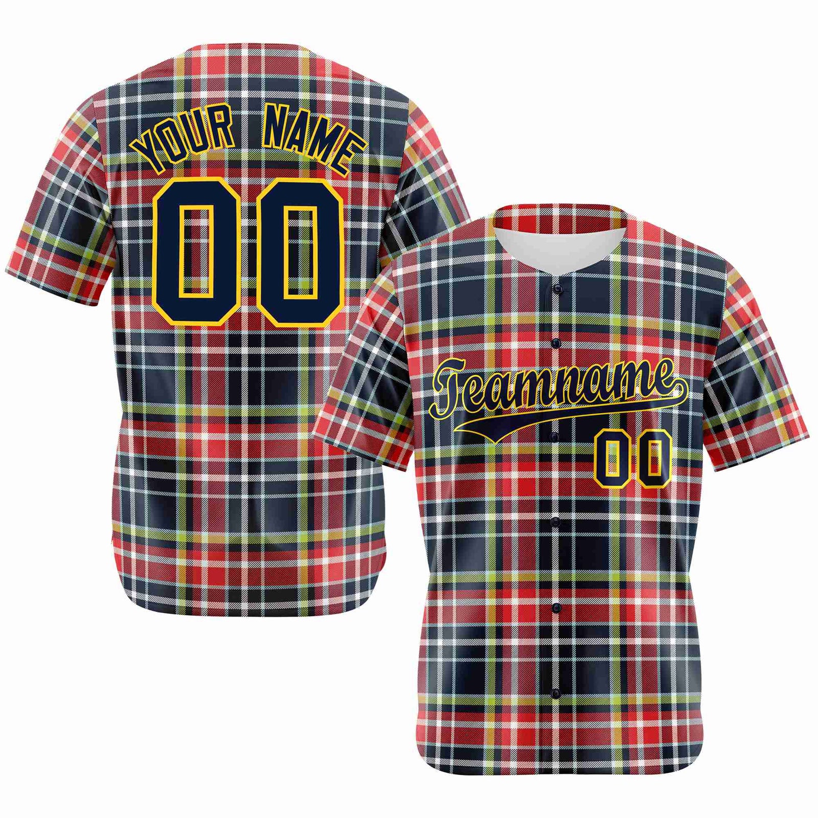 Custom Red Navy-Neon Green Personalized Plaid Design Authentic Baseball Jersey