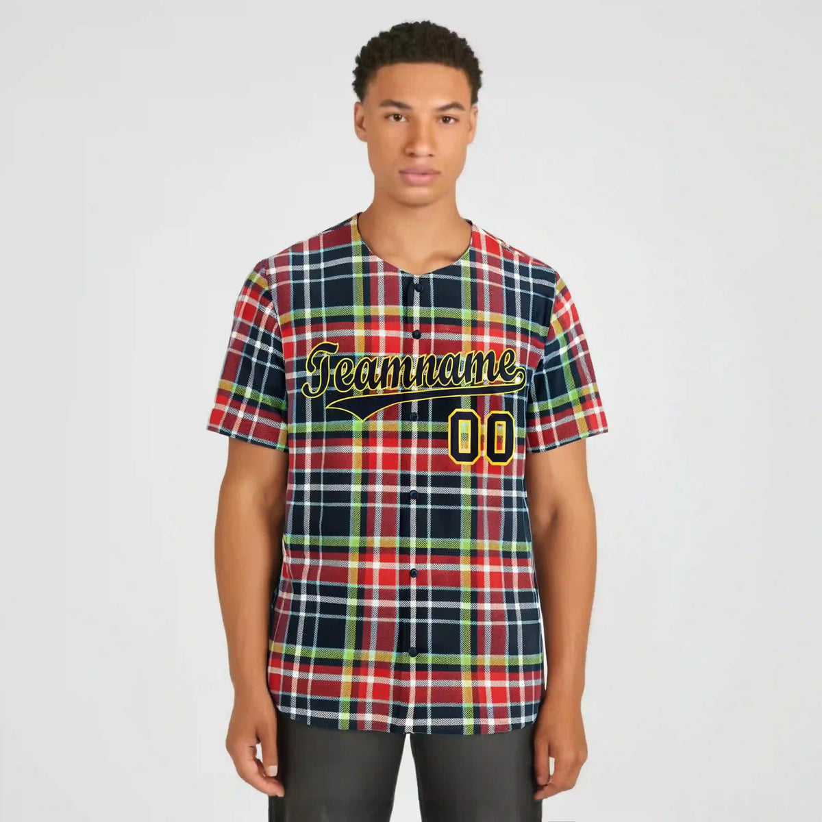 Custom Red Navy-Neon Green Personalized Plaid Design Authentic Baseball Jersey