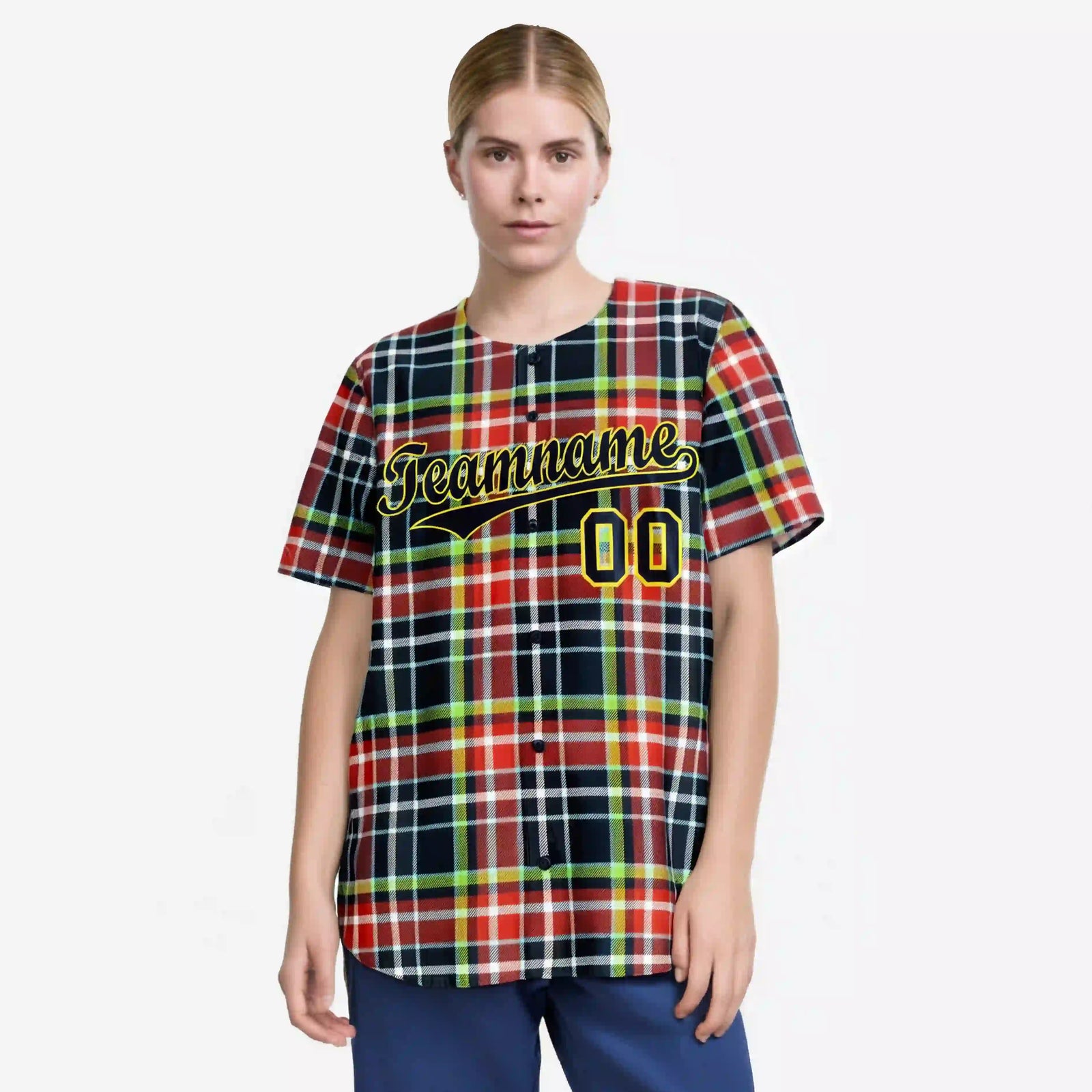 Custom Red Navy-Neon Green Personalized Plaid Design Authentic Baseball Jersey