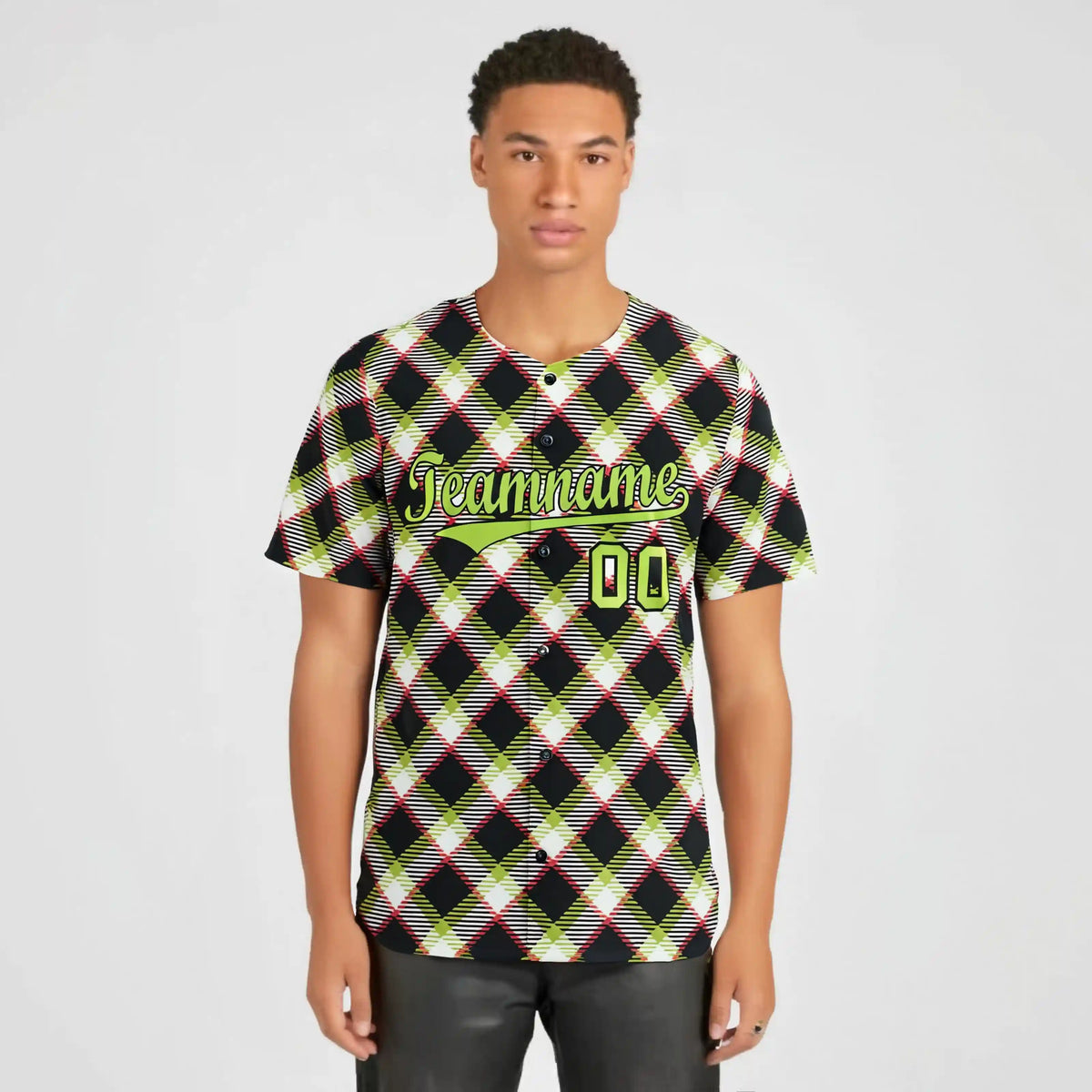 Custom Black White-Neon Green Personalized Plaid Design Authentic Baseball Jersey