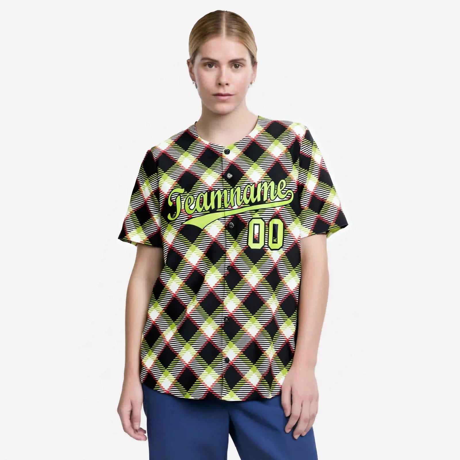 Custom Black White-Neon Green Personalized Plaid Design Authentic Baseball Jersey