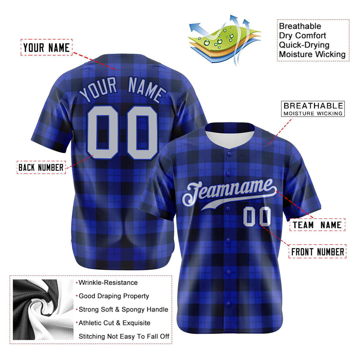 Custom Royal Navy Personalized Plaid Design Authentic Baseball Jersey