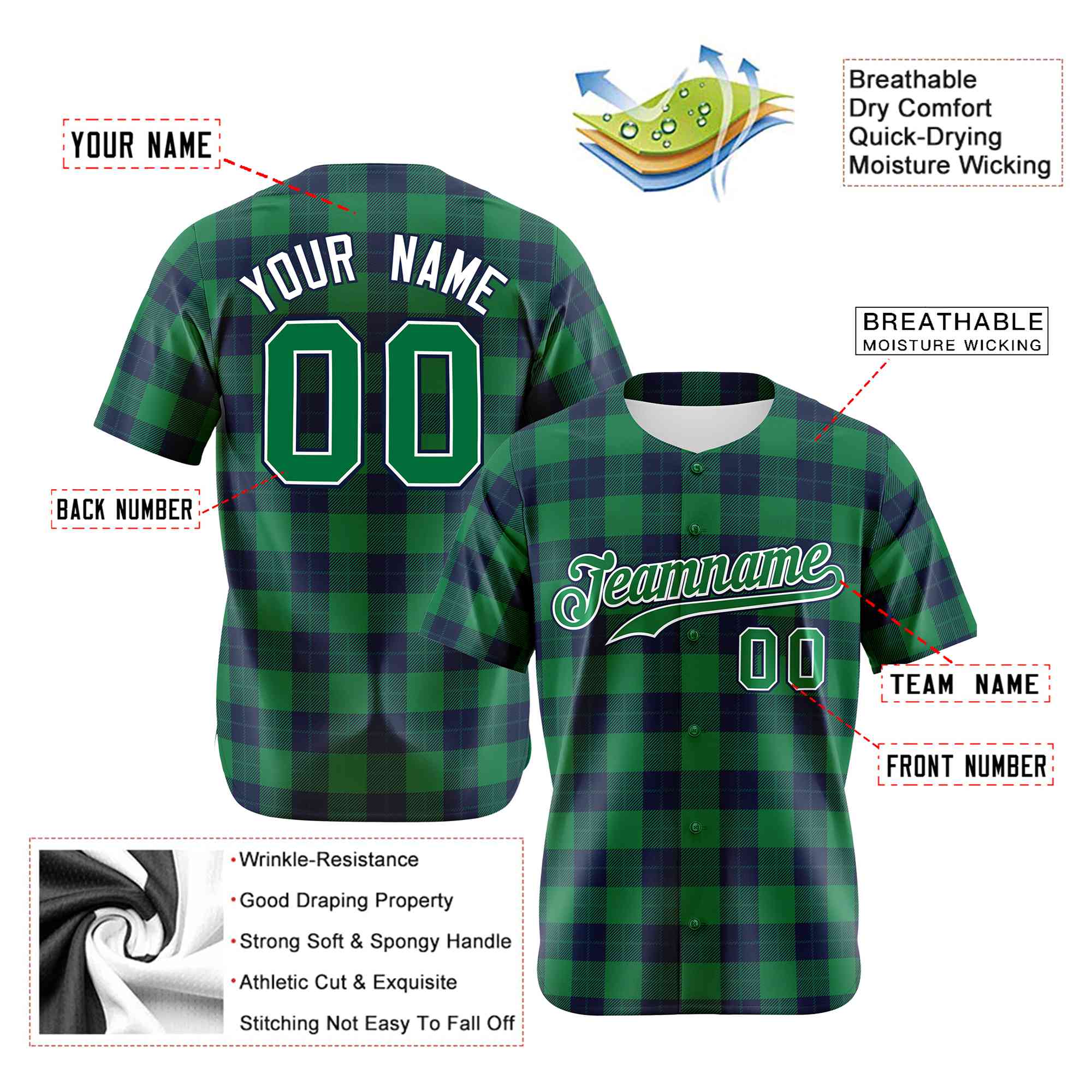 Custom Green Navy Personalized Plaid Design Authentic Baseball Jersey