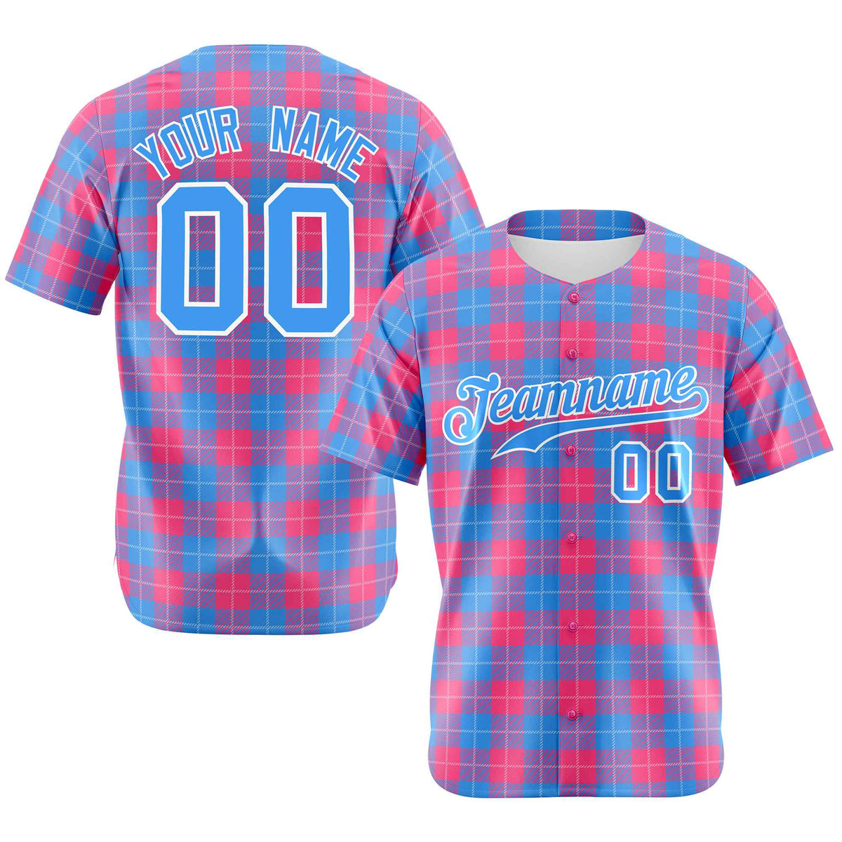 Custom Pink Powder Blue Personalized Plaid Design Authentic Baseball Jersey