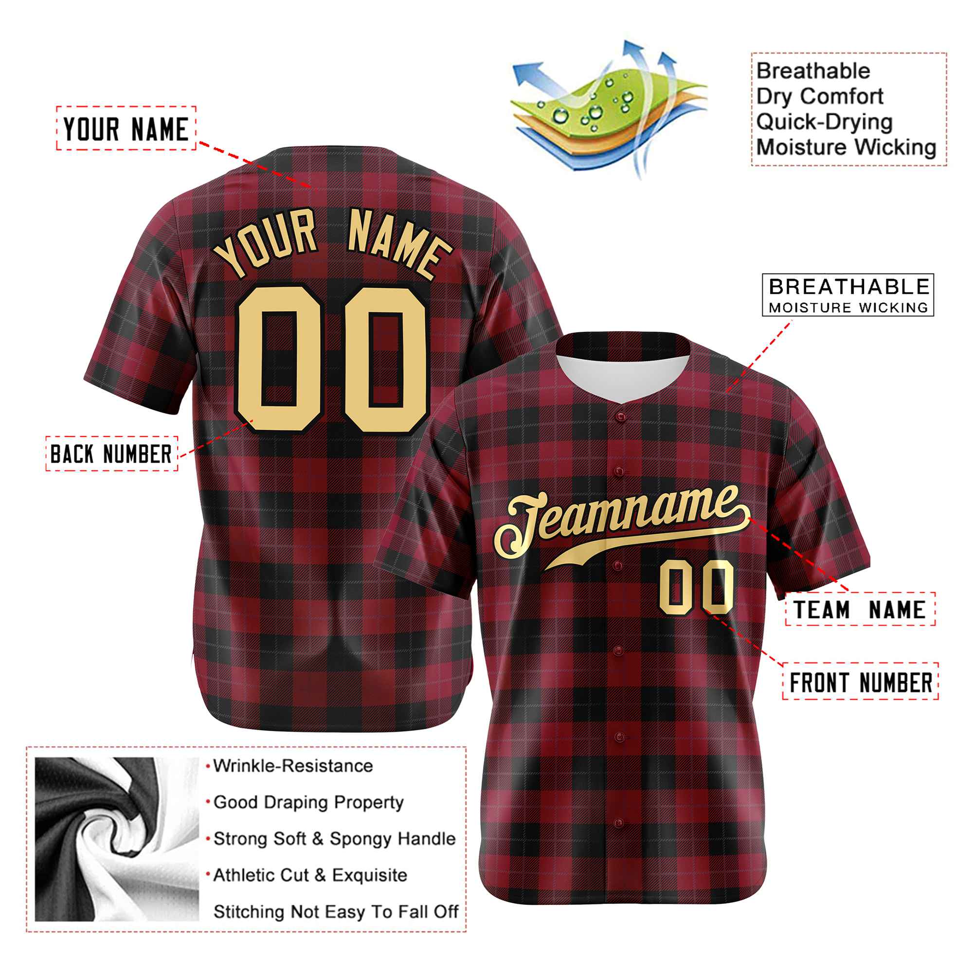 Custom Crimson Black Personalized Plaid Design Authentic Baseball Jersey