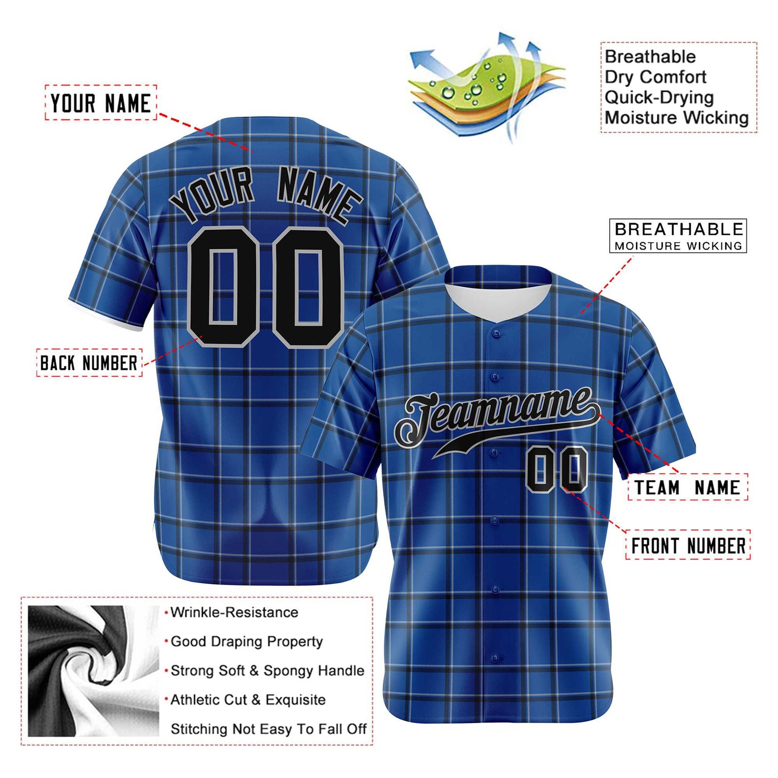 Custom Royal Blue Black Personalized Plaid Design Authentic Baseball Jersey