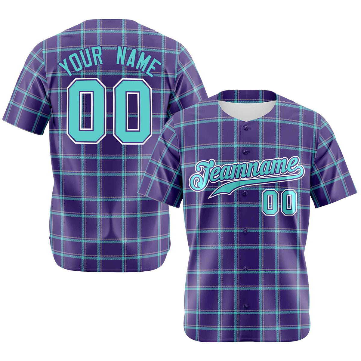 Custom Purple Aqua Personalized Plaid Design Authentic Baseball Jersey