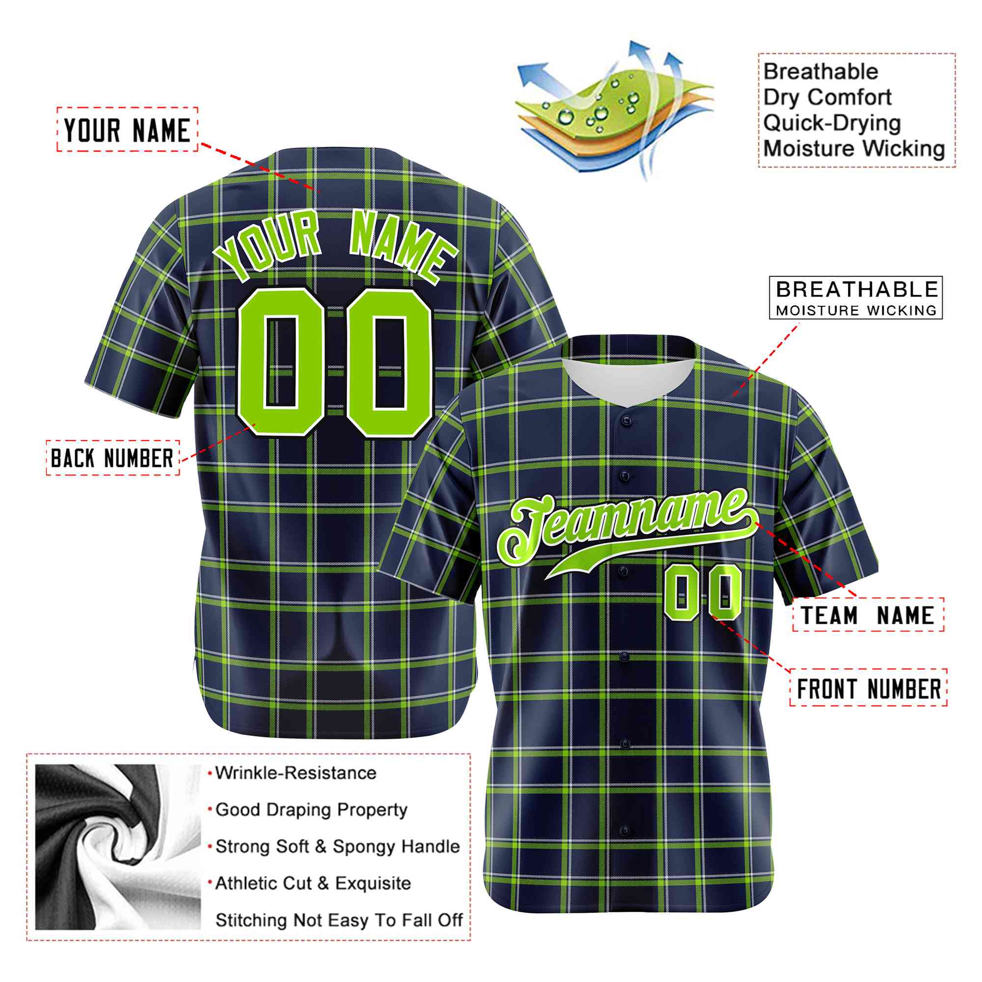 Custom Navy Neon Green Personalized Plaid Design Authentic Baseball Jersey