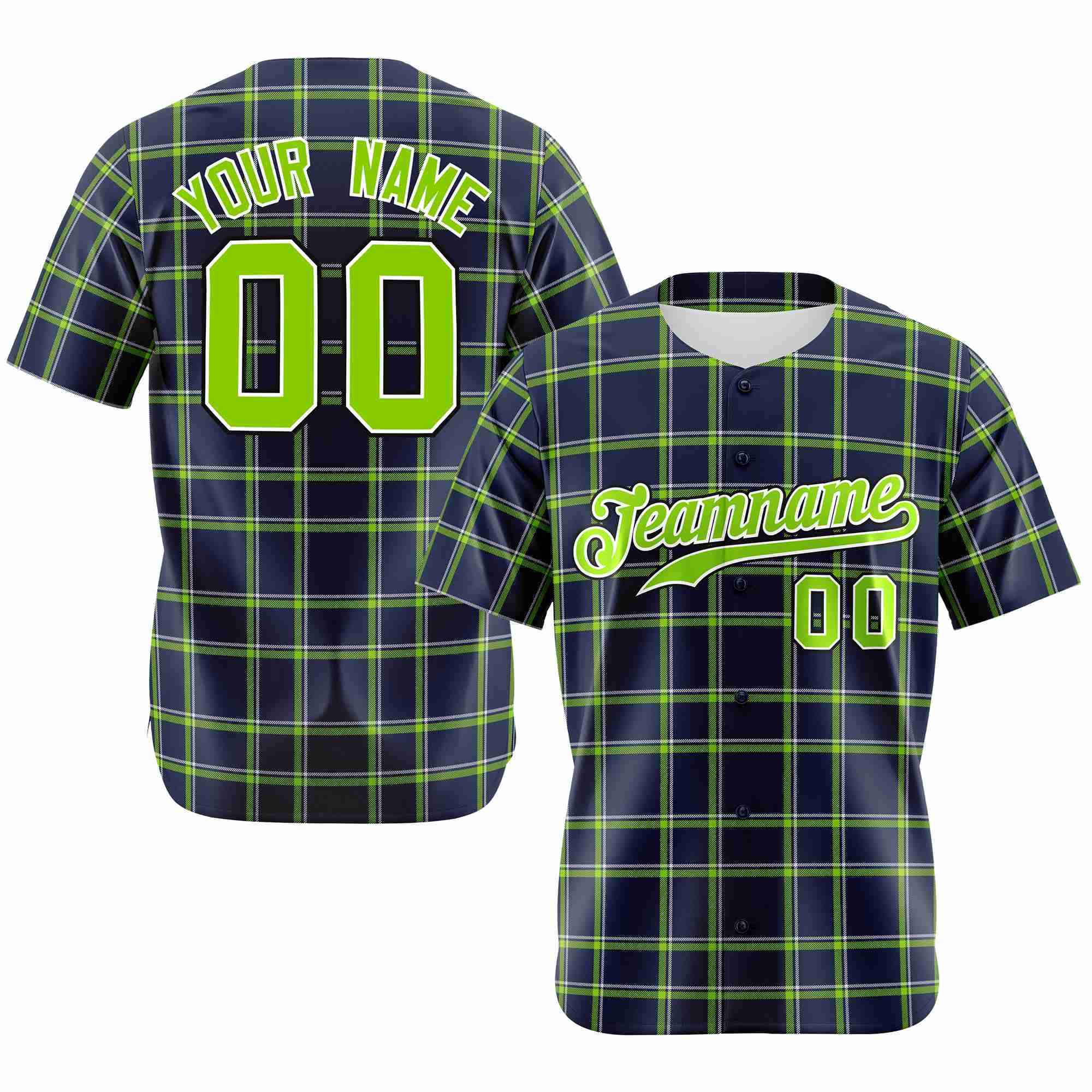 Custom Navy Neon Green Personalized Plaid Design Authentic Baseball Jersey