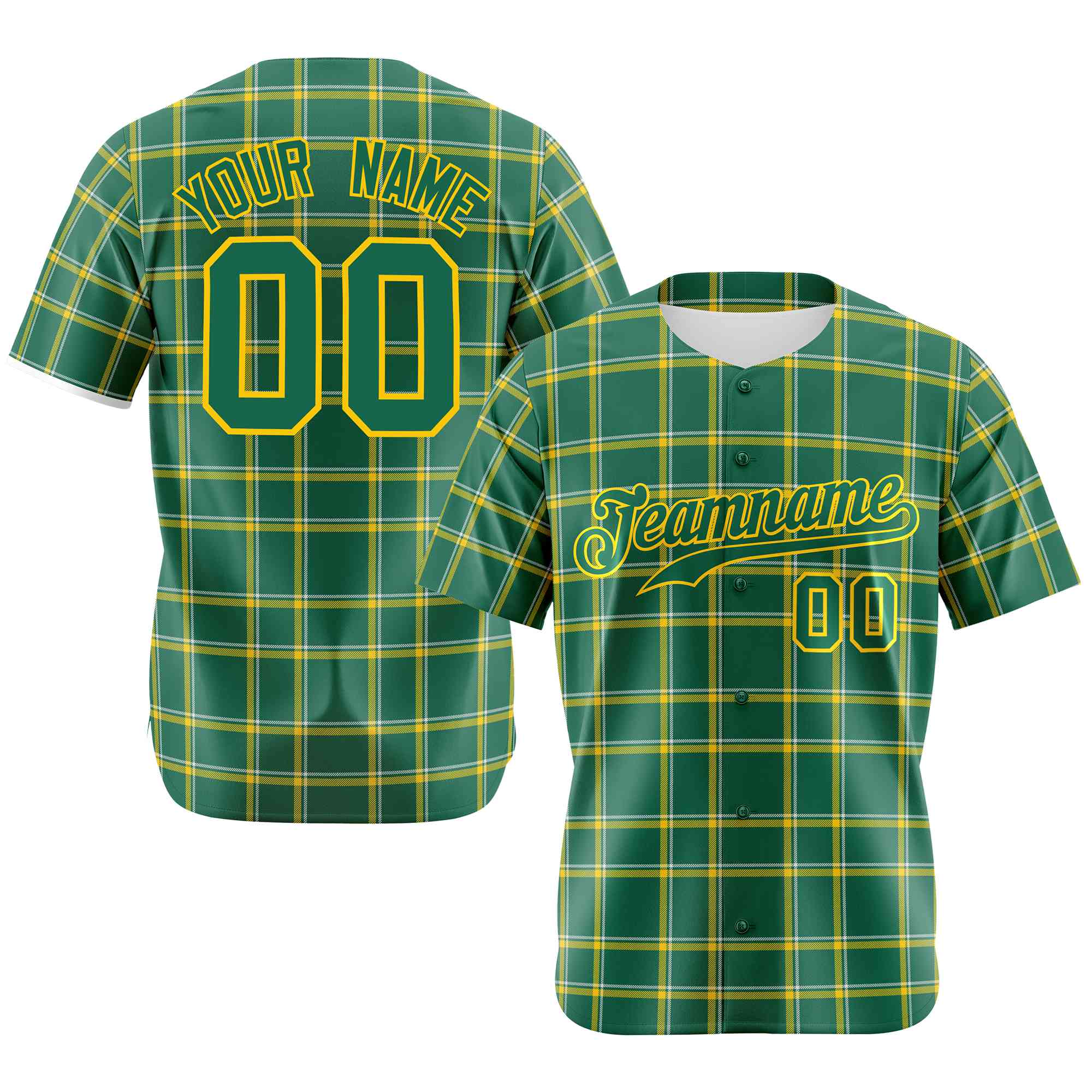 Custom Kelly Green Gold Personalized Plaid Design Authentic Baseball Jersey