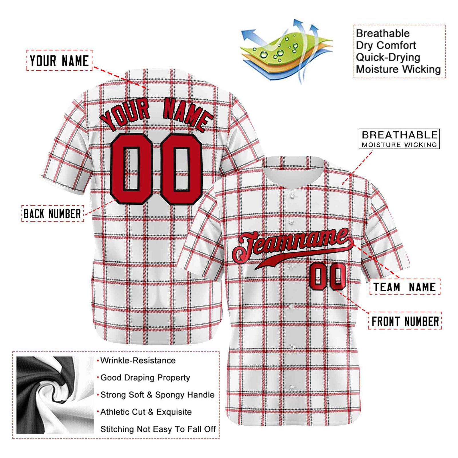 Custom White Red Personalized Plaid Design Authentic Baseball Jersey