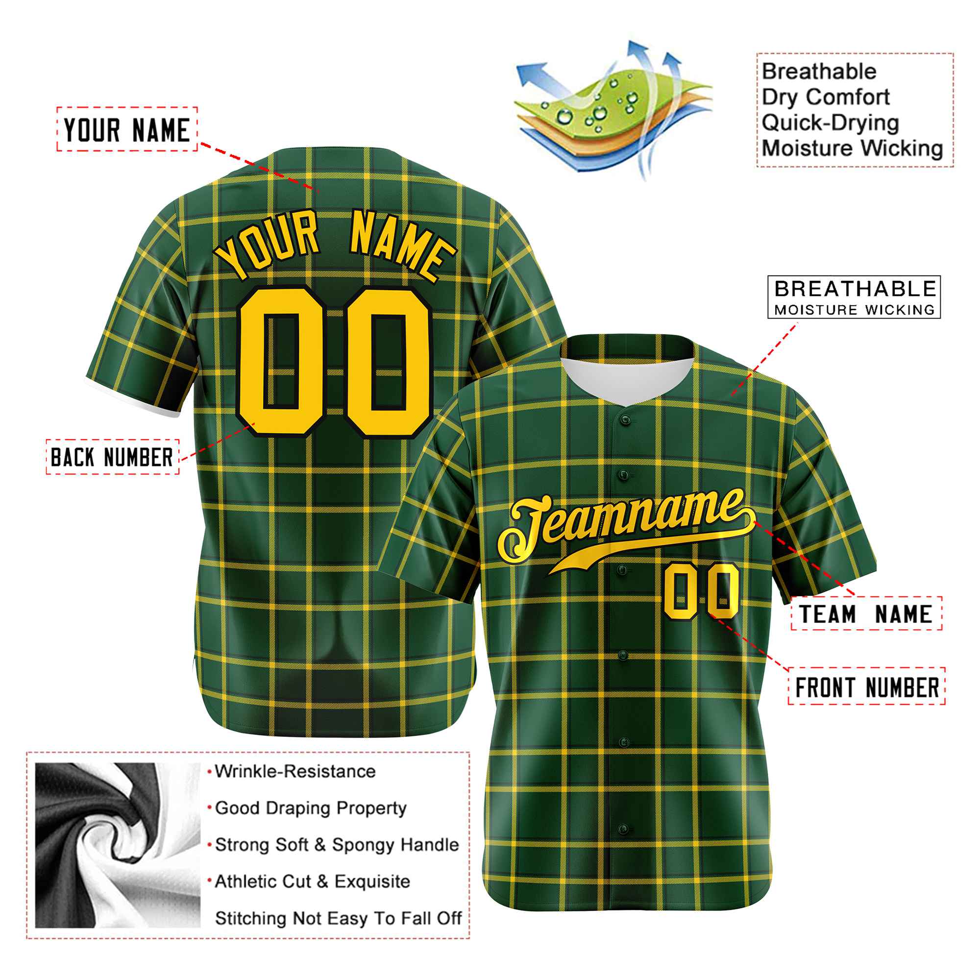 Custom Green Yellow Personalized Plaid Design Authentic Baseball Jersey