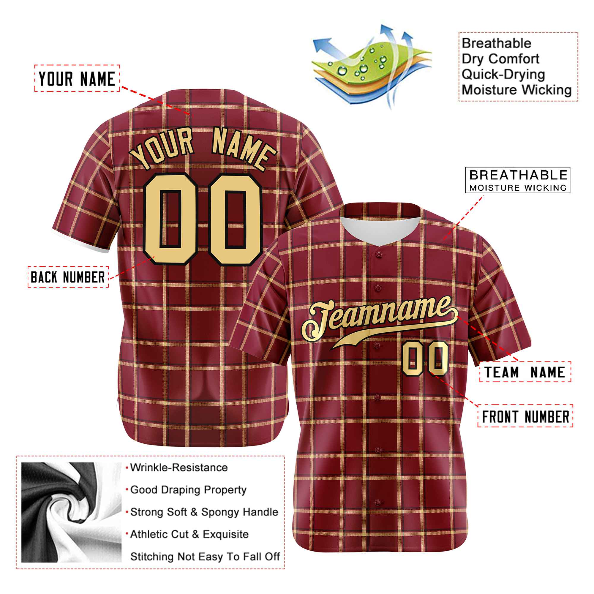 Custom Crimson Khaki Personalized Plaid Design Authentic Baseball Jersey