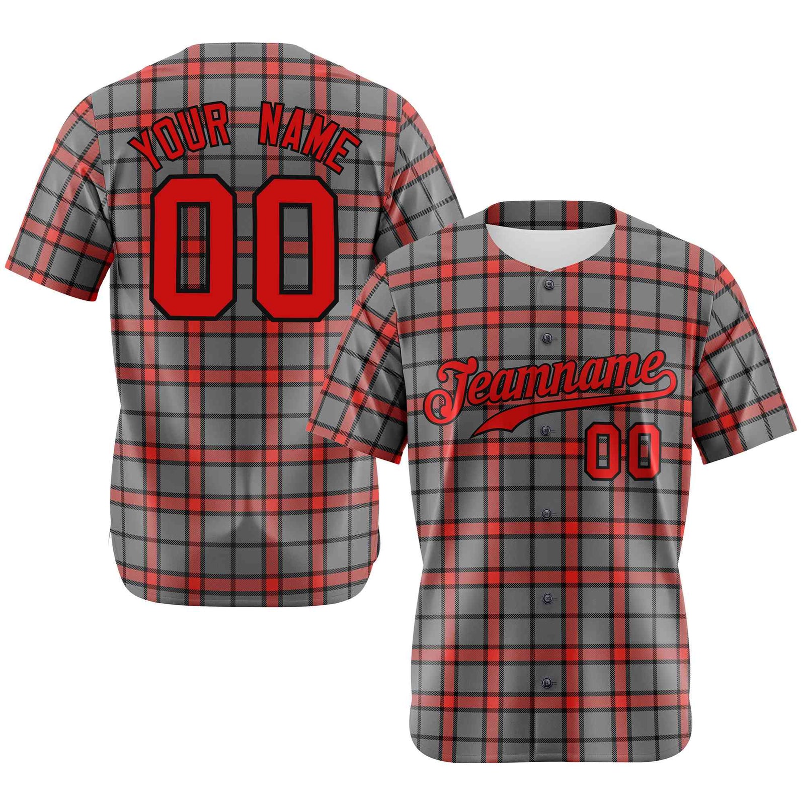 Custom Gray Red Personalized Plaid Design Authentic Baseball Jersey