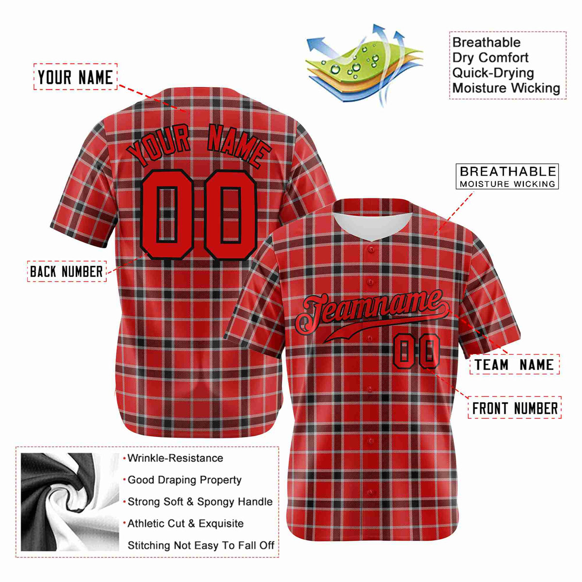 Custom Red Crimson Personalized Plaid Design Authentic Baseball Jersey