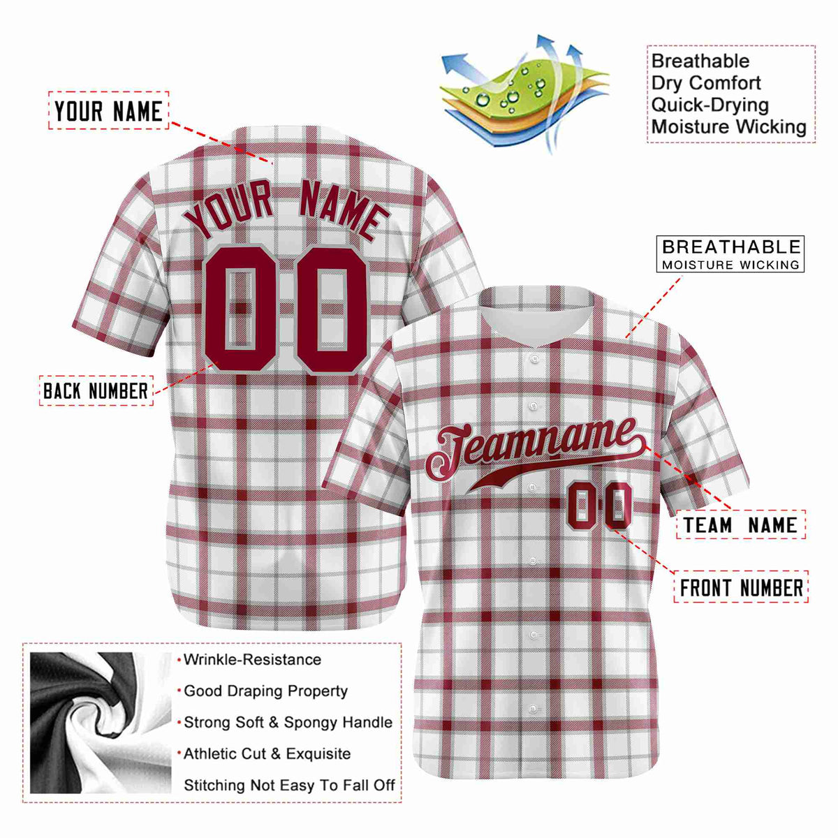 Custom White Crimson Personalized Plaid Design Authentic Baseball Jersey