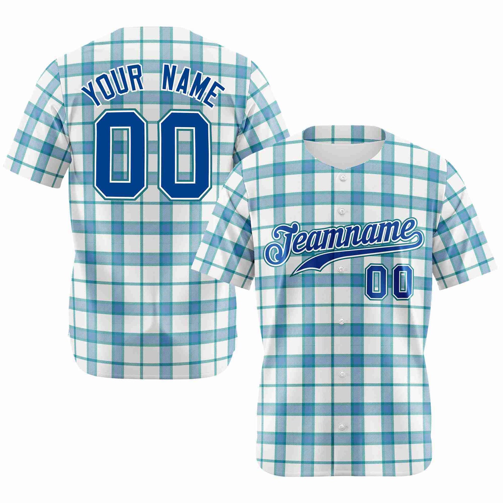 Custom White Light Blue Personalized Plaid Design Authentic Baseball Jersey