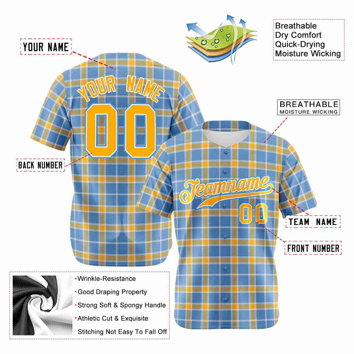 Custom Light Blue Yellow Personalized Plaid Design Authentic Baseball Jersey
