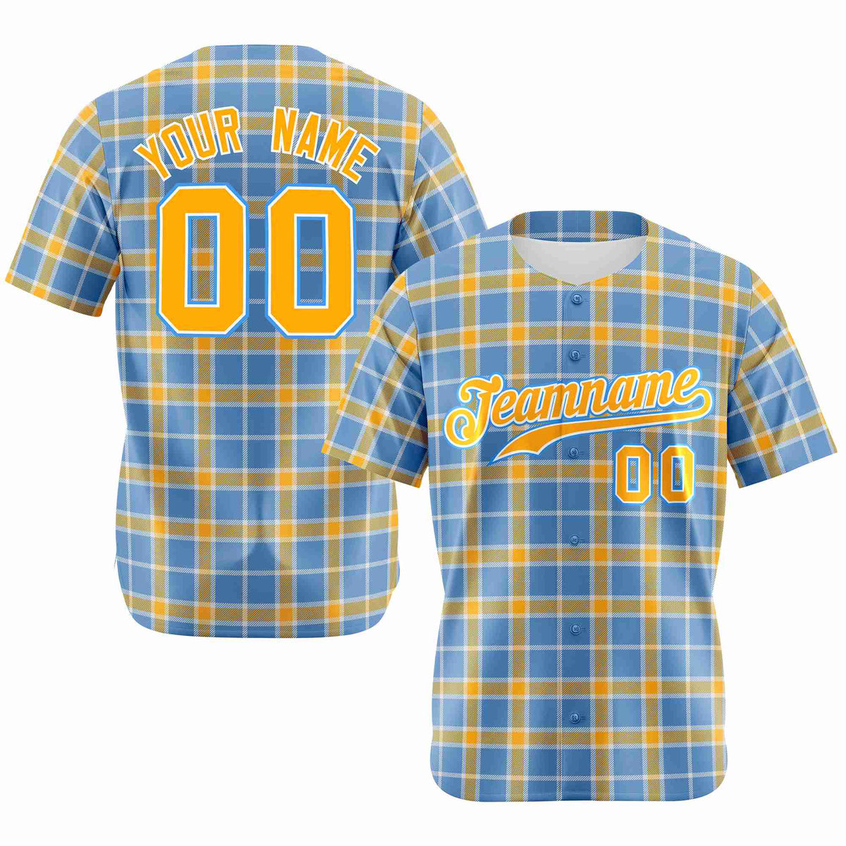 Custom Light Blue Yellow Personalized Plaid Design Authentic Baseball Jersey