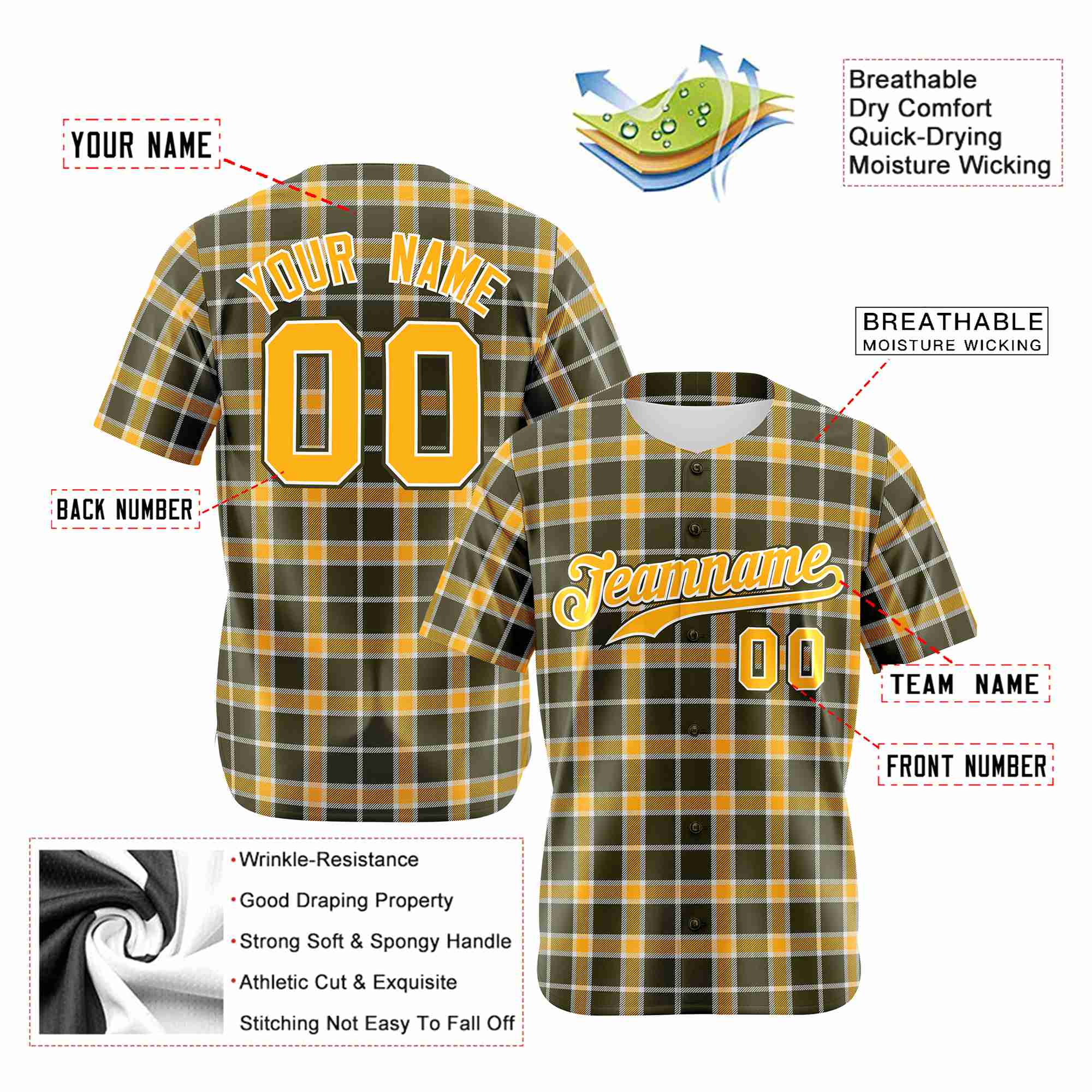 Custom Yellow Dark Gray Personalized Plaid Design Authentic Baseball Jersey