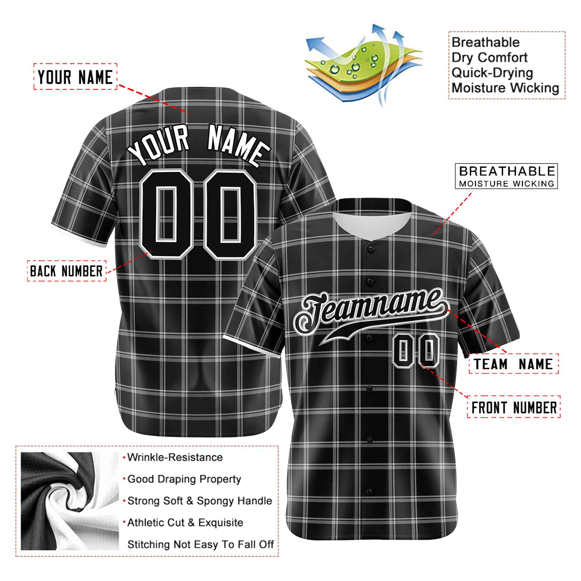 Custom Black Gray Personalized Plaid Design Authentic Baseball Jersey