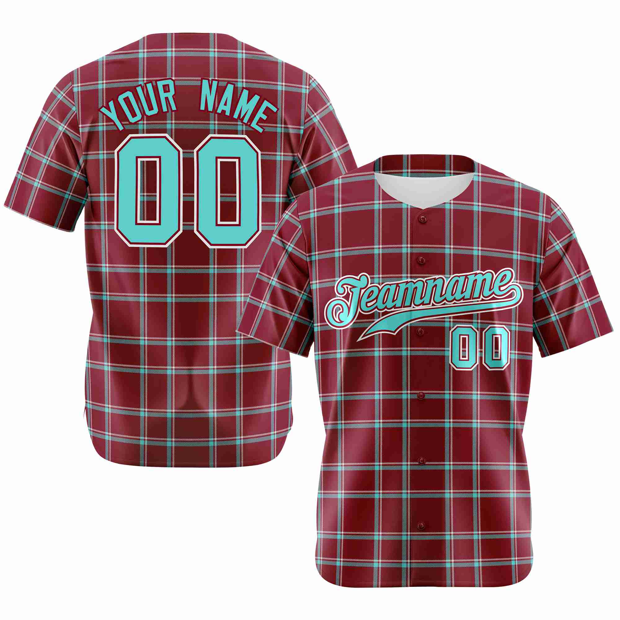 Custom Crimson Aqua Personalized Plaid Design Authentic Baseball Jersey