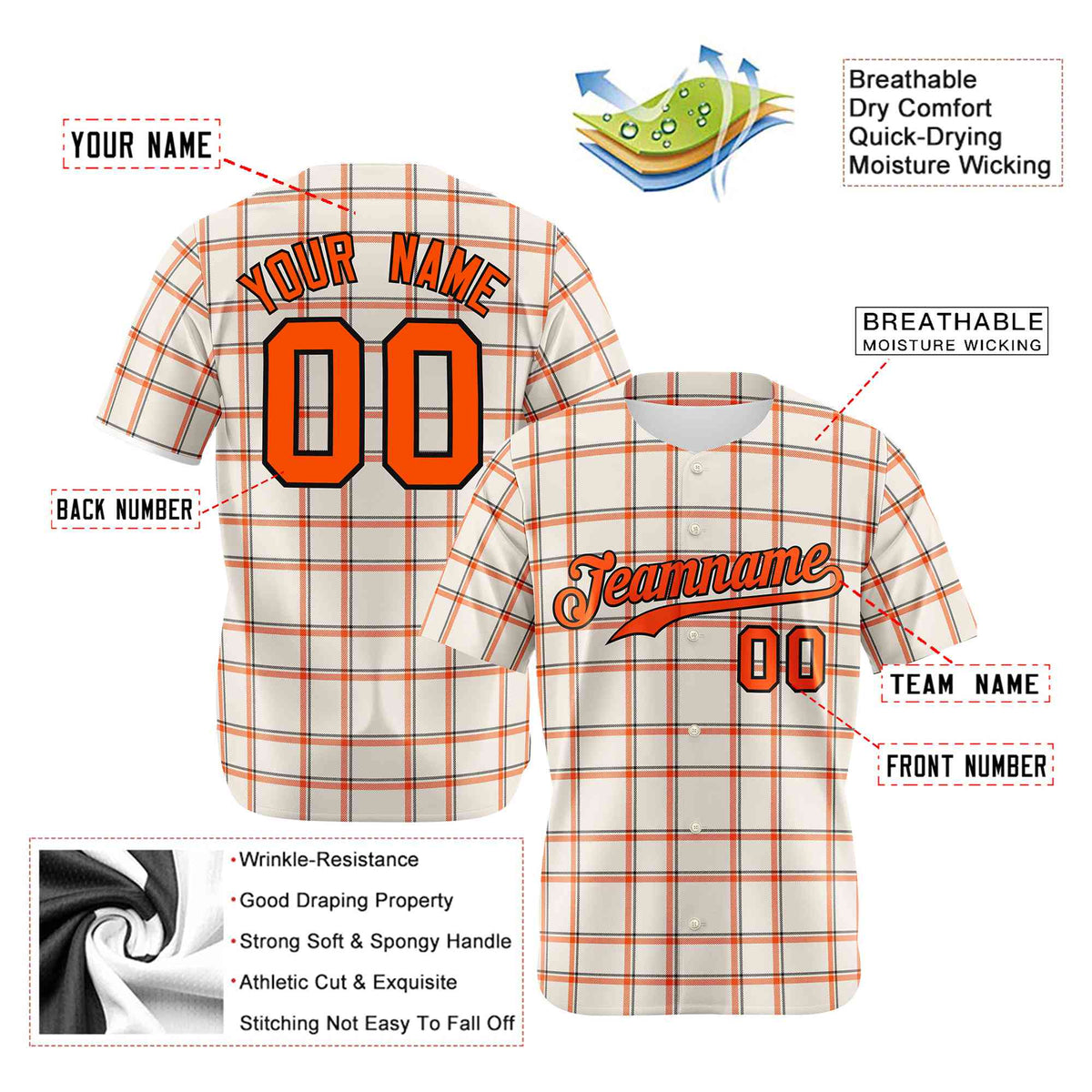 Custom White Orange Personalized Plaid Design Authentic Baseball Jersey