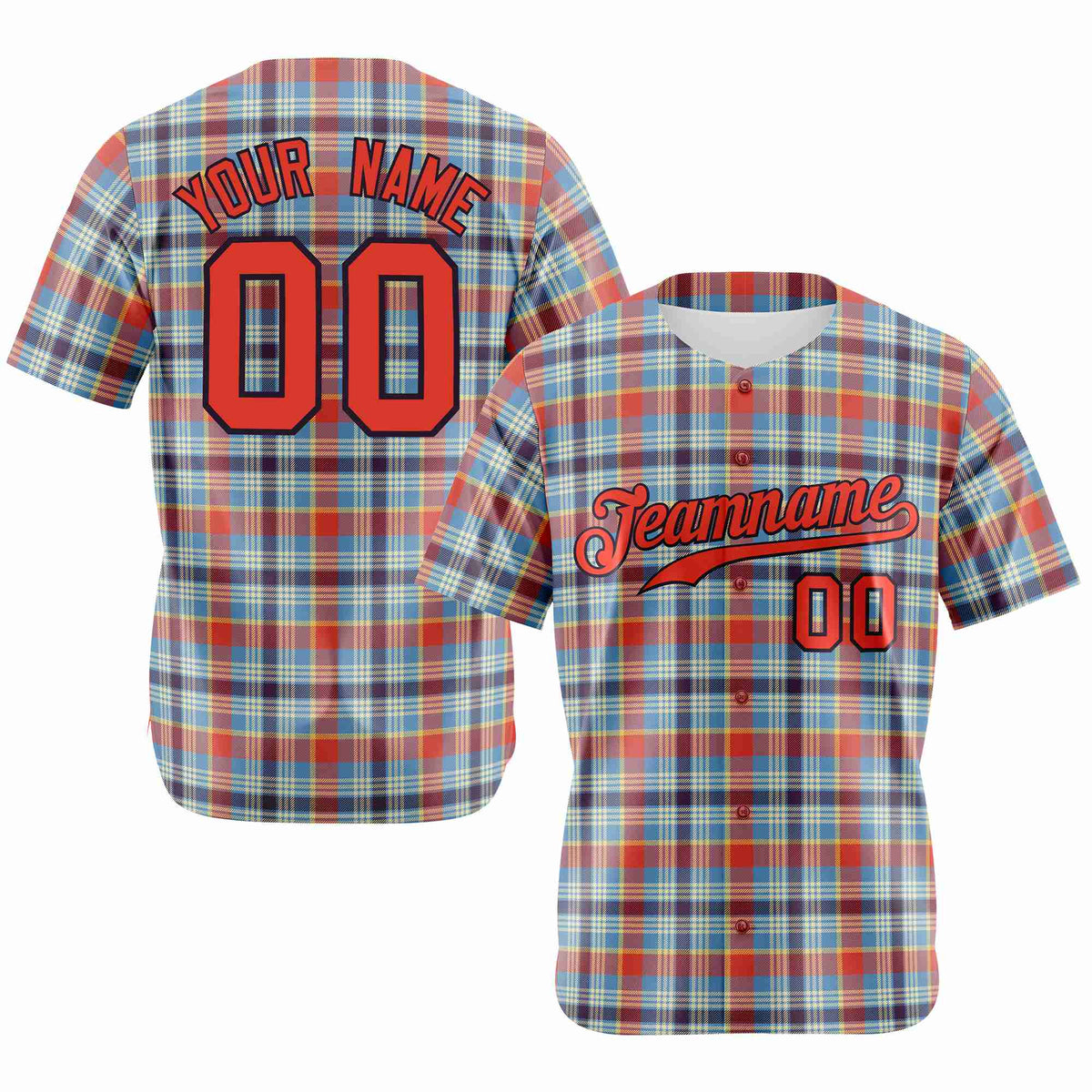 Custom Light Blue Orange Personalized Plaid Design Authentic Baseball Jersey