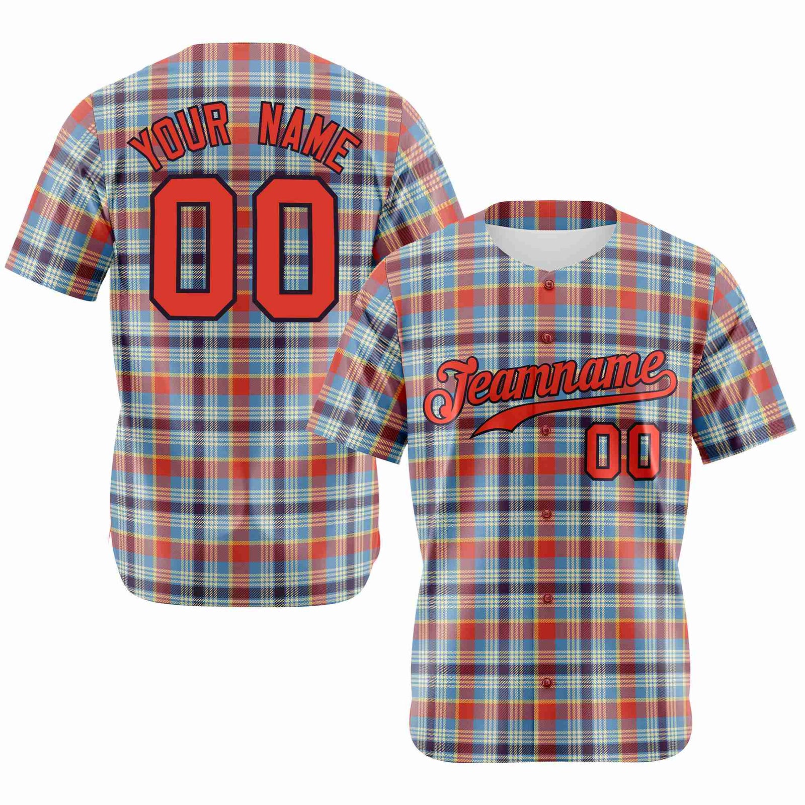 Custom Light Blue Orange Personalized Plaid Design Authentic Baseball Jersey