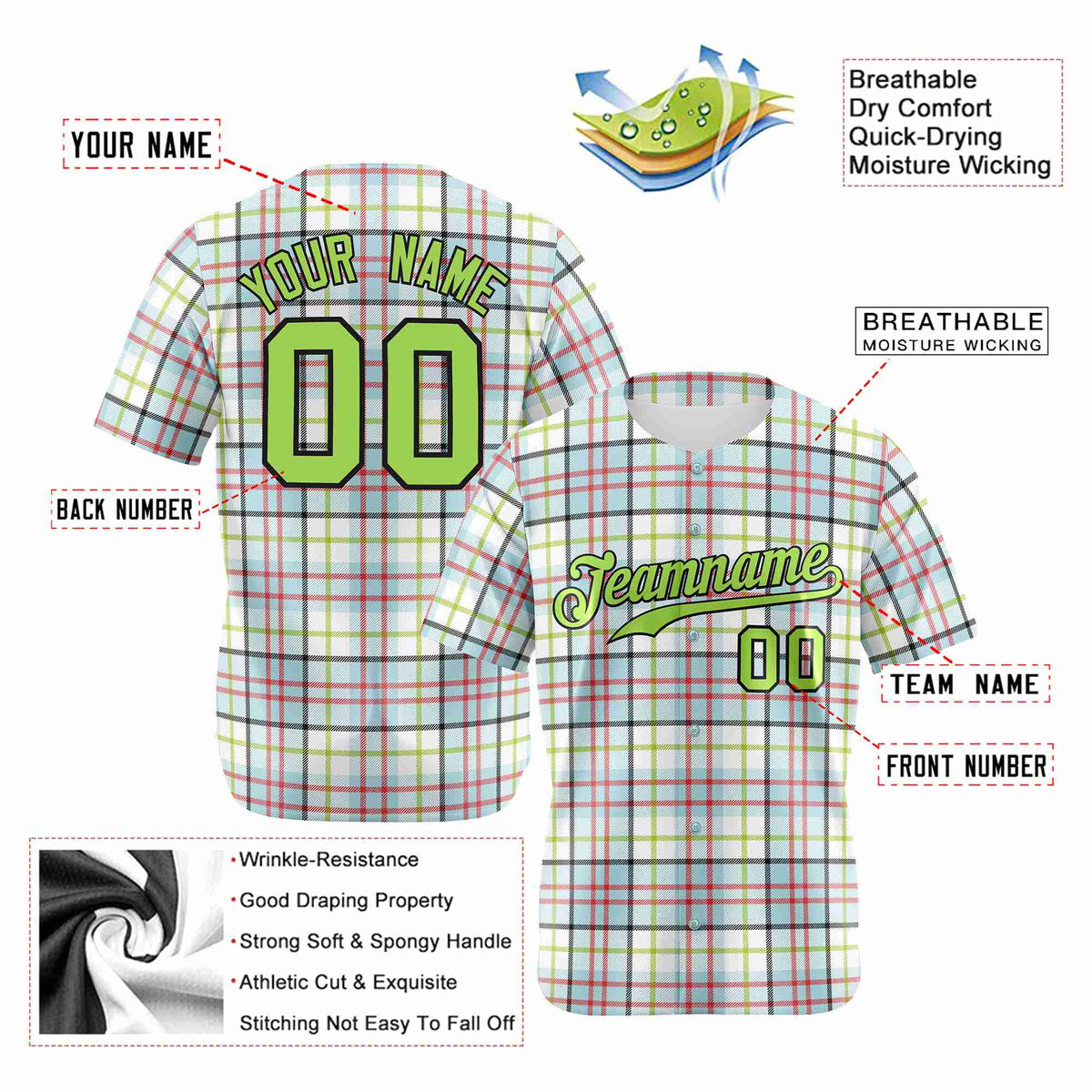 Custom White Neon Green-Red Personalized Plaid Design Authentic Baseball Jersey