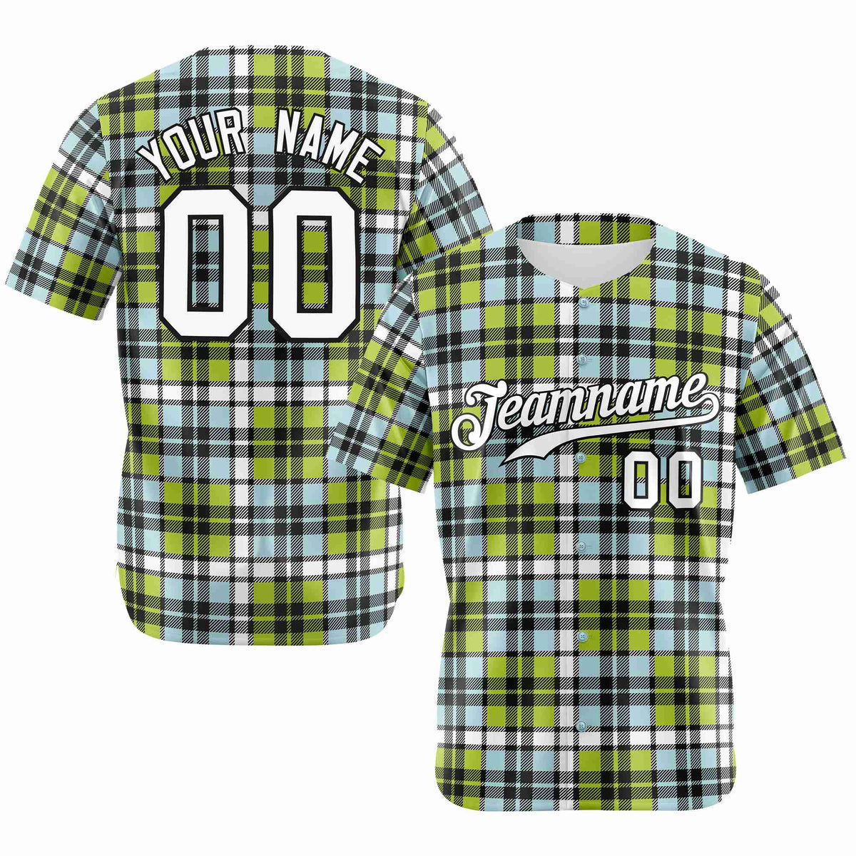 Custom Neon Green Light Blue Personalized Plaid Design Authentic Baseball Jersey
