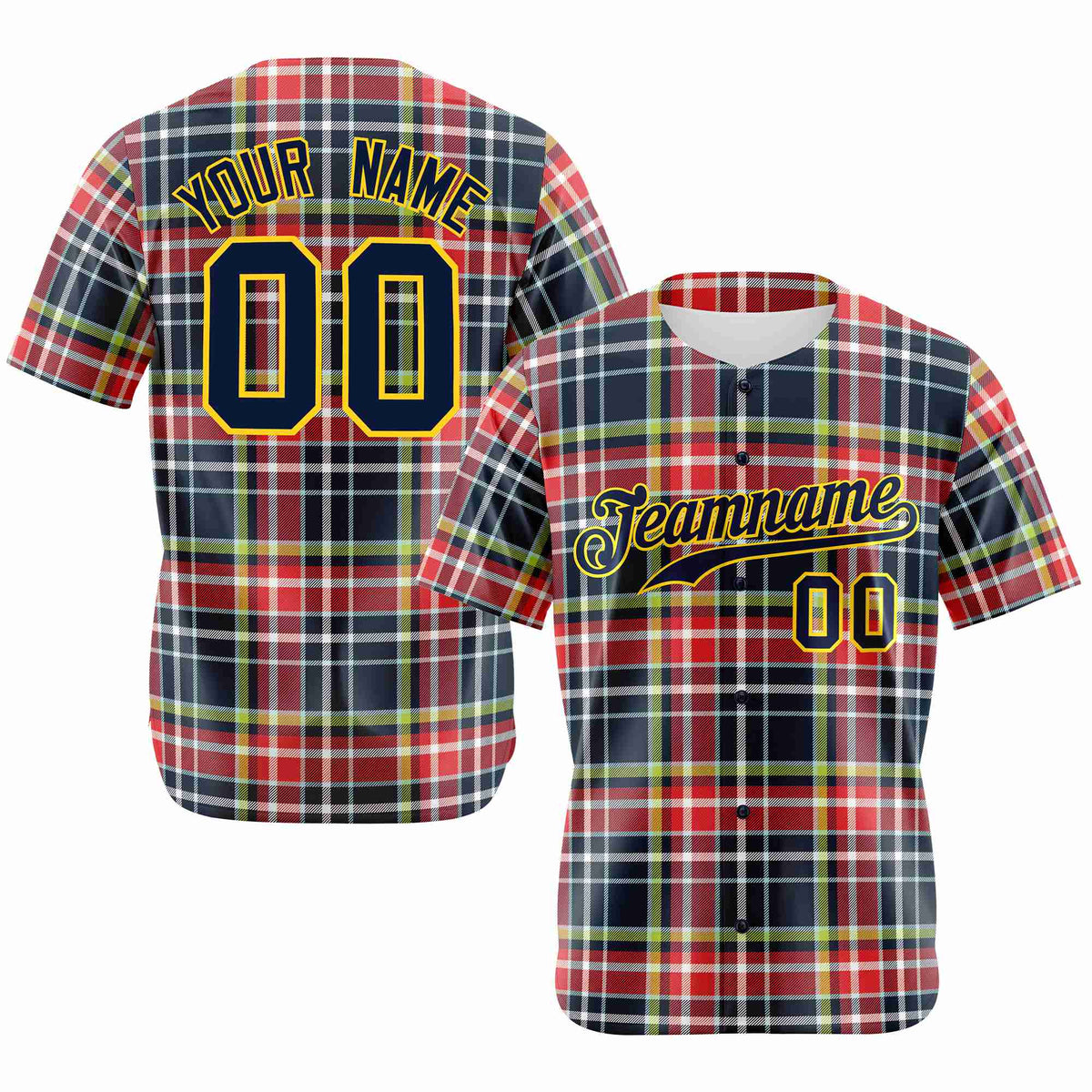 Custom Red Navy-Neon Green Personalized Plaid Design Authentic Baseball Jersey