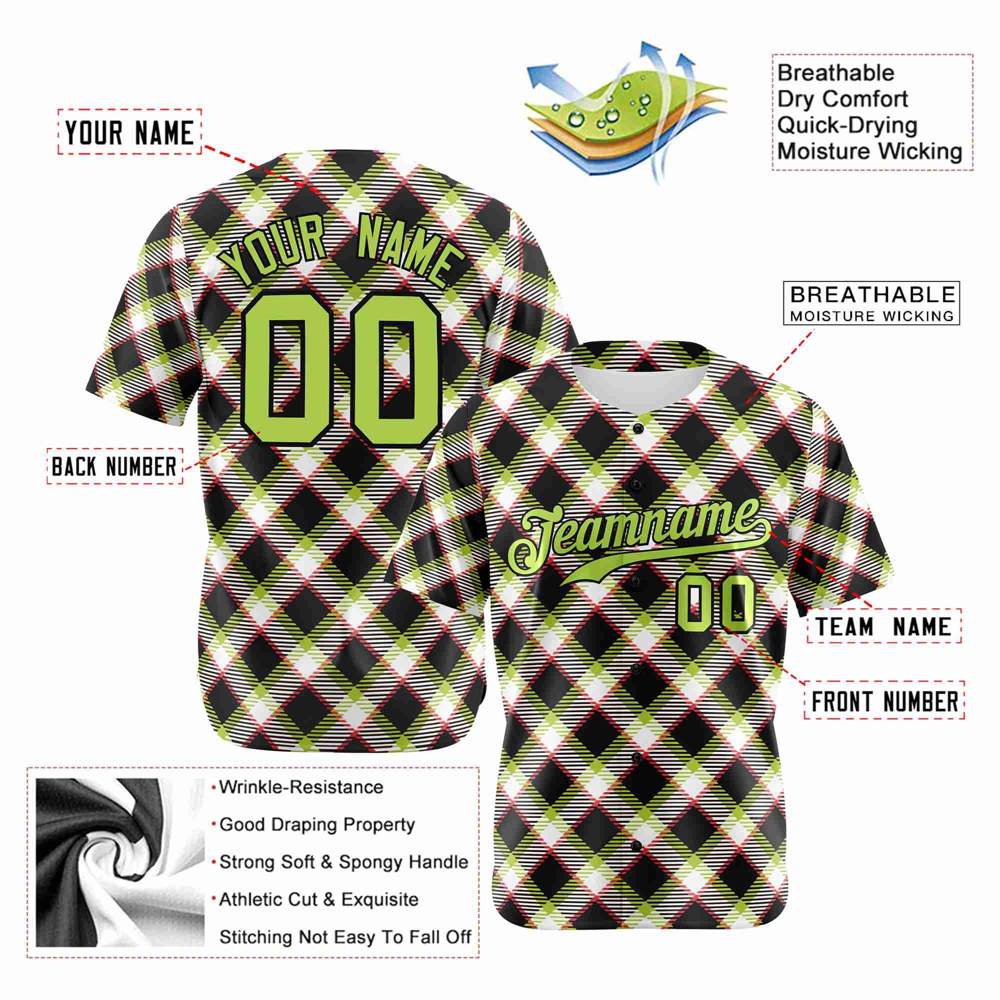 Custom Black White-Neon Green Personalized Plaid Design Authentic Baseball Jersey