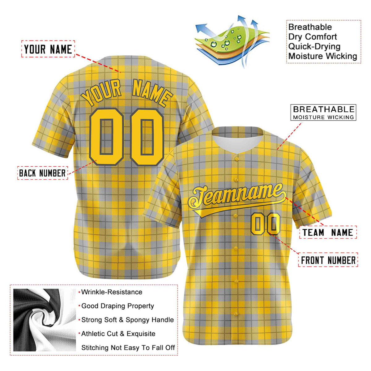 Custom Gold Gray Personalized Plaid Design Authentic Baseball Jersey